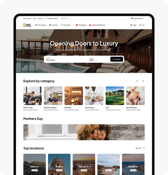 The HotelTreats.com marketplace homepage on a laptop, with experiences grouped by category